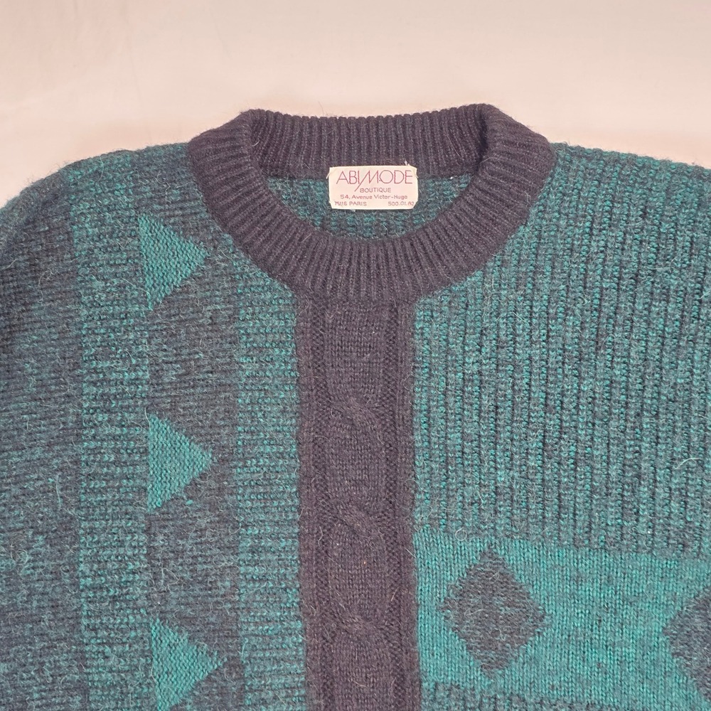 Abi Mode Boutique Paris Vtg Wool Alpaca Blend Sweater Green Geometric Italy M - Picture 10 of 16